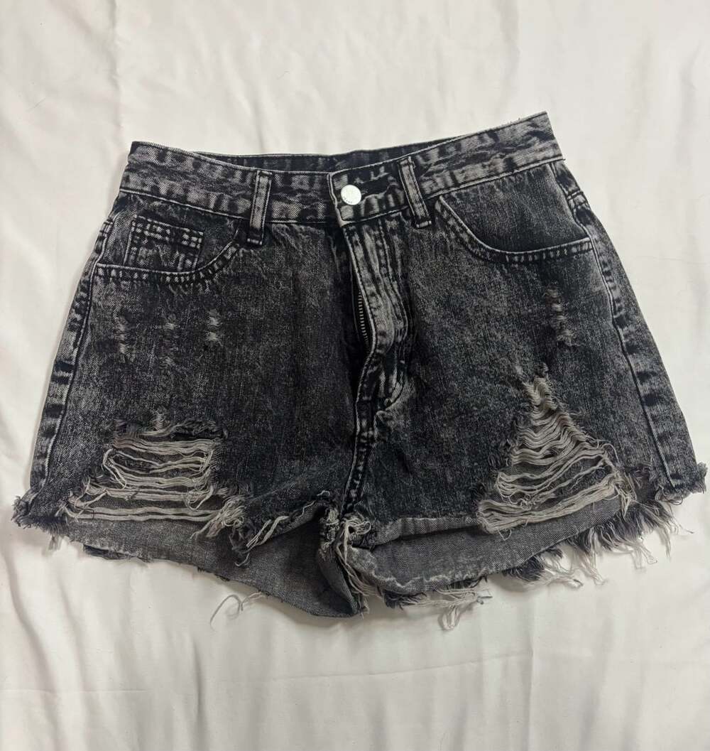 SHEIN Women's Black Acid Wash High Rise Distressed Frayed Denim Shorts Medium